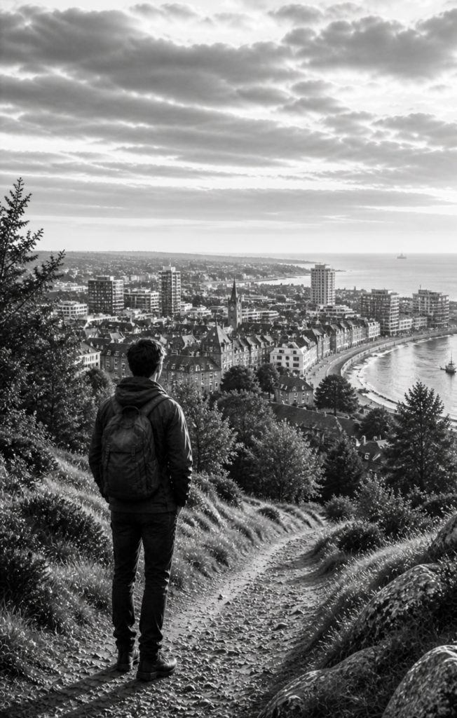 A young man overlooking a modern city from a hillside path