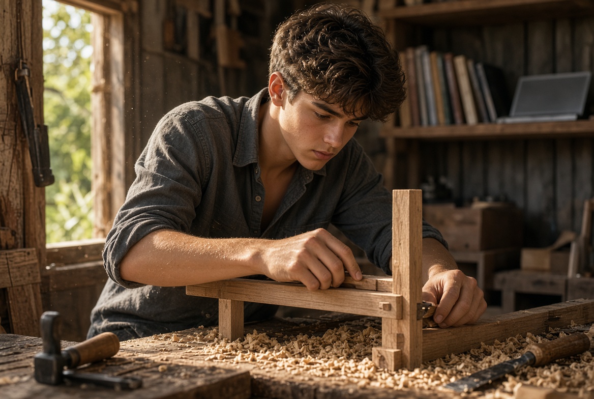 Teenage boy building a wooden project in a sunlit workshop.