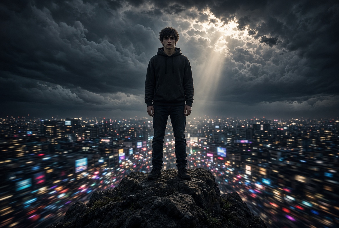 Young man standing on rock above a city beneath storm clouds and a shaft of light.