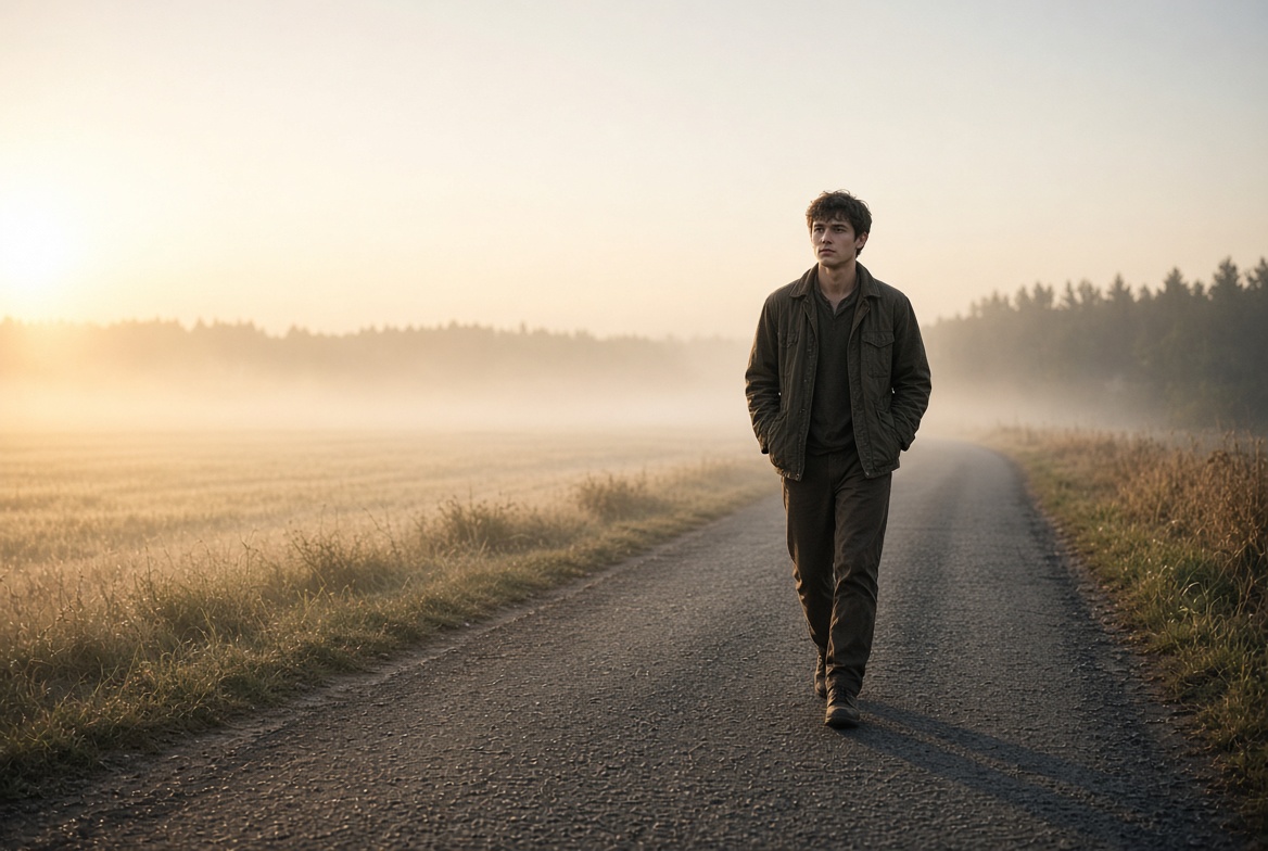 Young man walking alone on a quiet country road at sunrise.