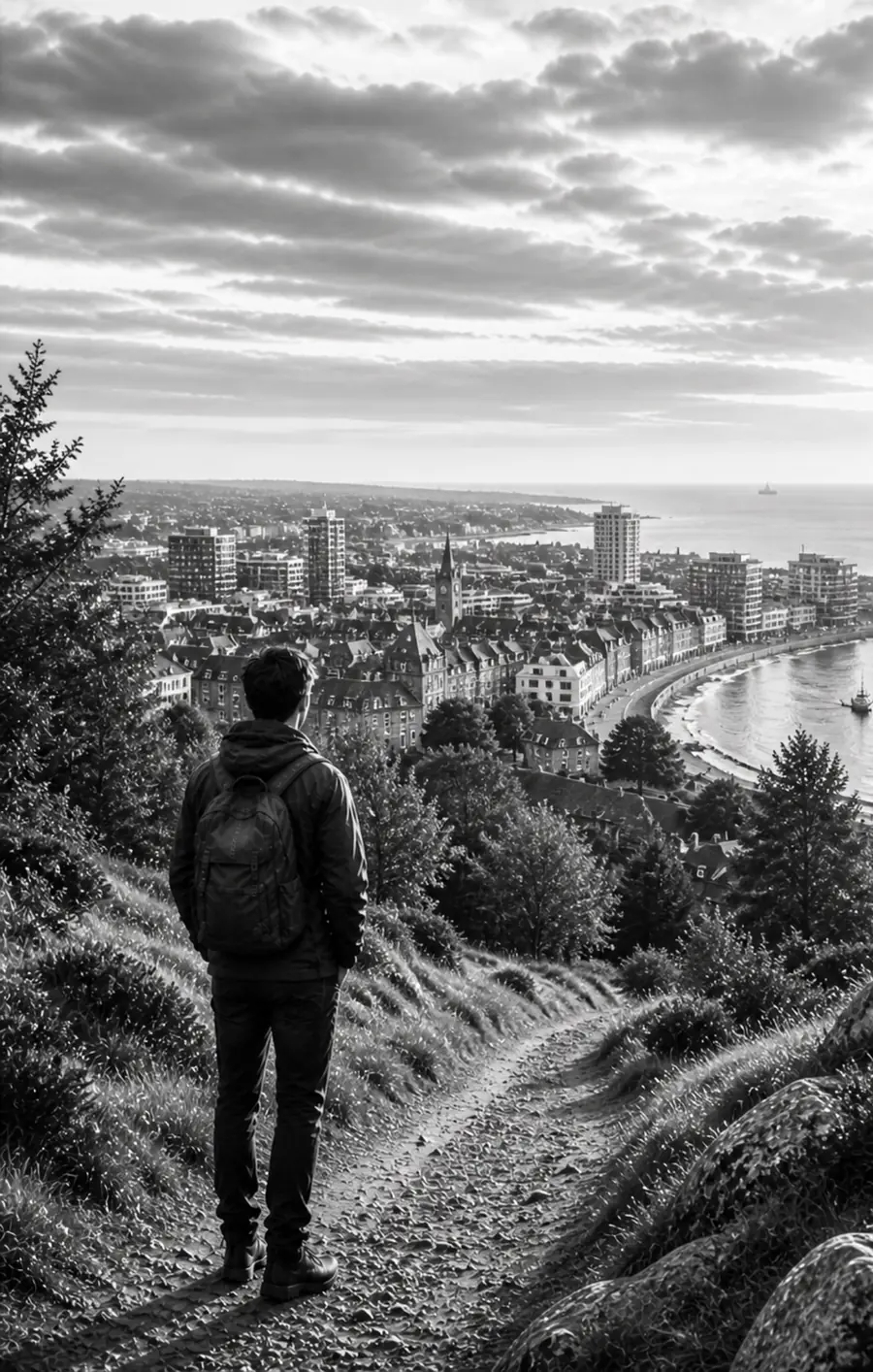 A young man standing on a hillside overlooking a city