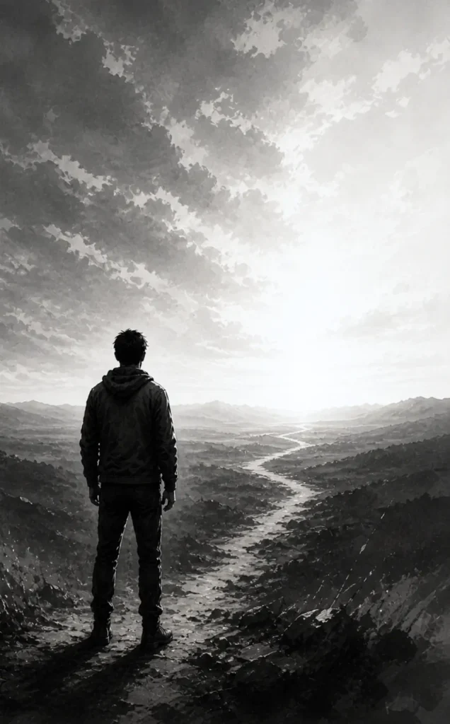 A young man looking across a long road beneath an open sky