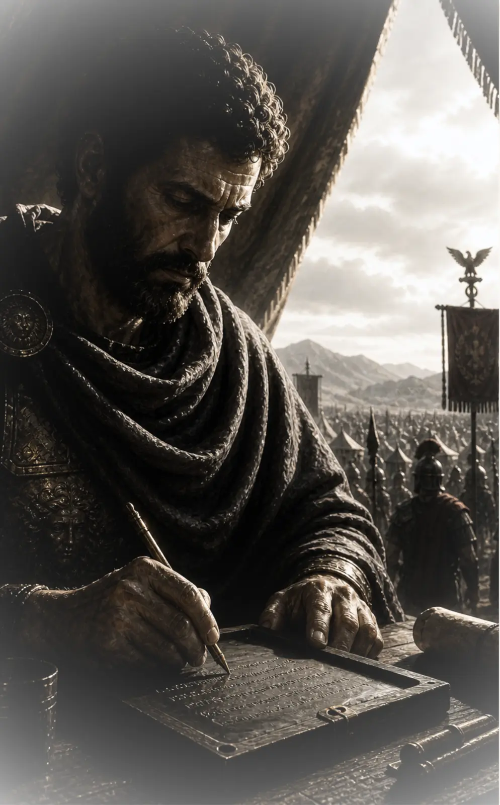 Bronze-toned illustration of Marcus Aurelius writing at a table